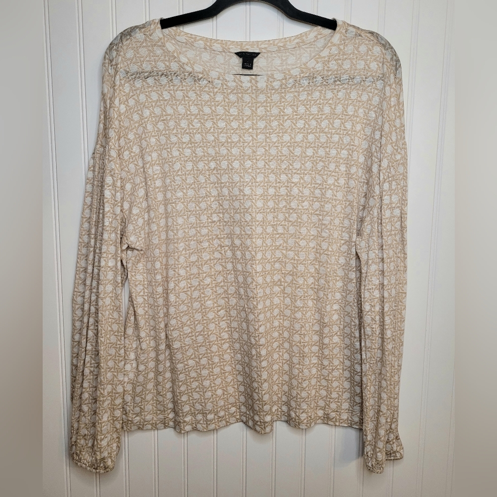 Ann Taylor Linen Tan Geometric Print Top Size L Neutral Minimalist Quiet Luxury - Picture 2 of 6